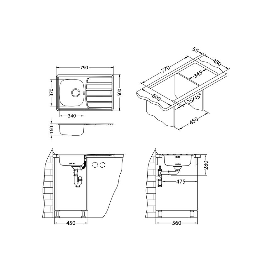 ALVEUS 1098938 - Diskho för kök ZOOM 79x50 cm satin, för toppmontage
