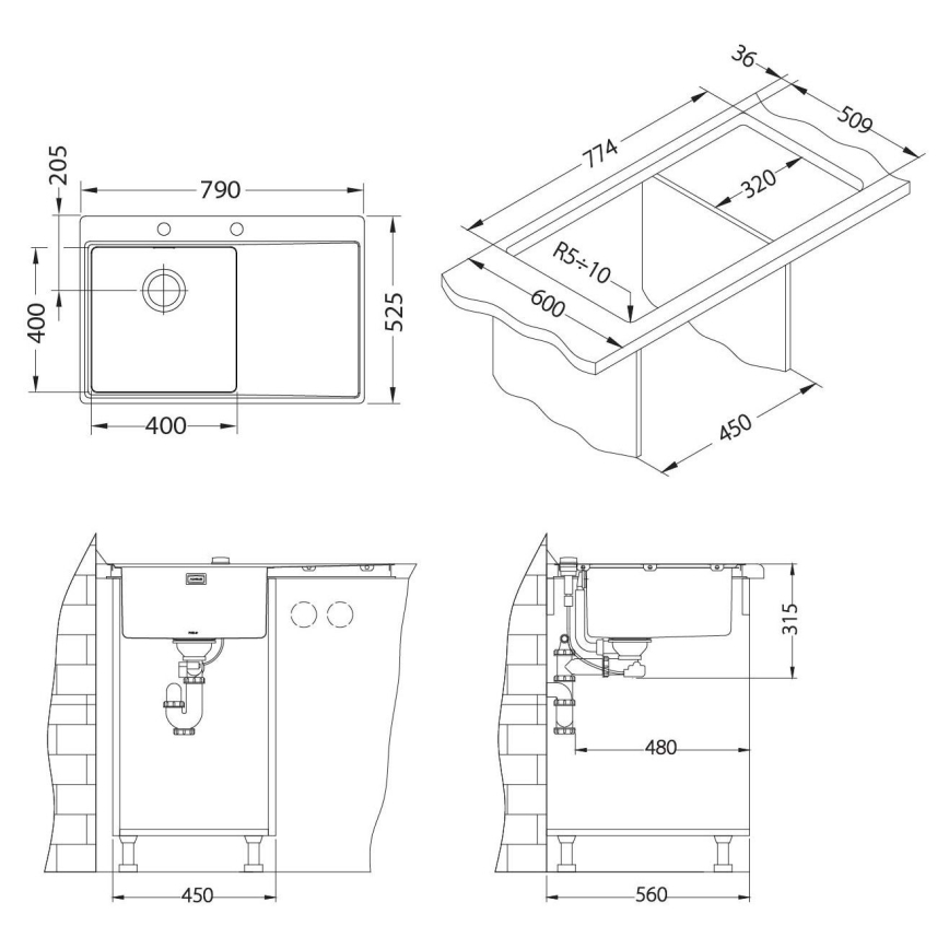 ALVEUS 1103610 - Diskho för kök PURE 79x52,5 cm satin, vänster