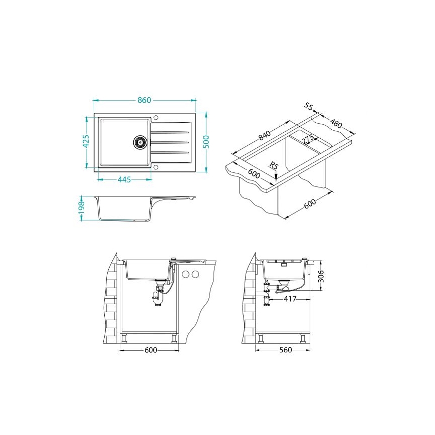 ALVEUS 1132027 - Diskho för kök CADIT 86x50 cm granit/vit