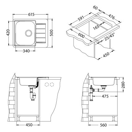 ALVEUS 1144603 - Diskho för kök LINE 61,5x50 cm matt stål/satin, utan lyftventil
