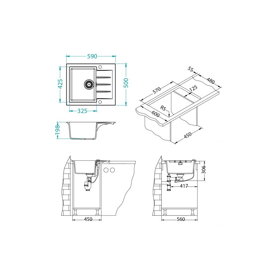 ALVEUS 1148158 - Diskho för kök CADIT 59x50 cm granit/svart