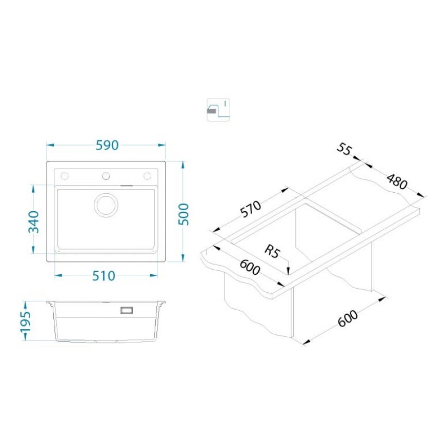 ALVEUS 1148162 - Diskho för kök ATROX 59x50 cm granit/svart