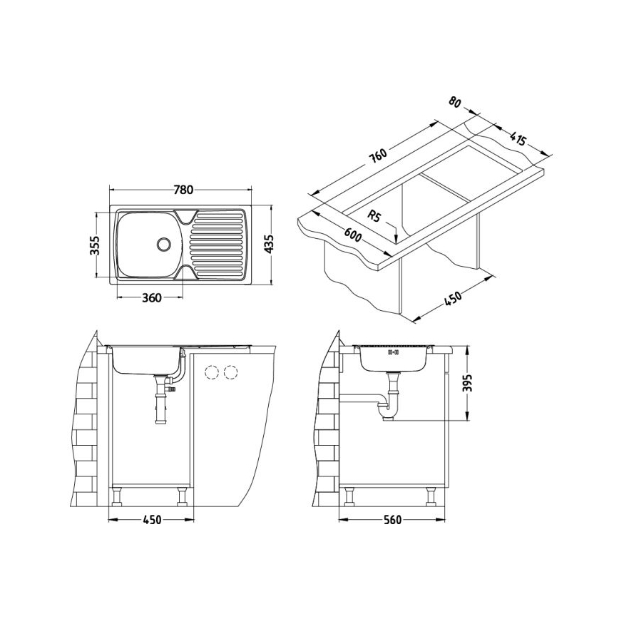 ALVEUS - Diskho BASIC 78x43,5 cm rostfritt stål/satin + köksblandare VIOLA 36,7 cm borstat rostfritt stål