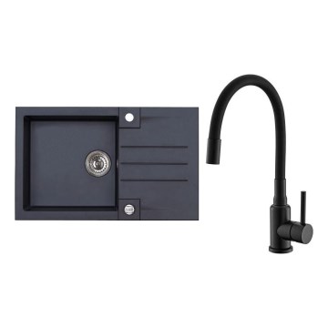 ALVEUS SETA23201 - ROCK köksdiskho 78x48 cm + diskbänkblandare med flexibel pip MINTAS 34 cm granit/matt svart