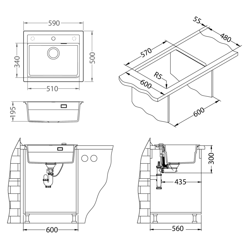 ALVEUS SETA23228 - Köksdiskho ATROX 59x50 cm + diskblandare med flexibel pip MINTAS 34 cm granit/matt svart