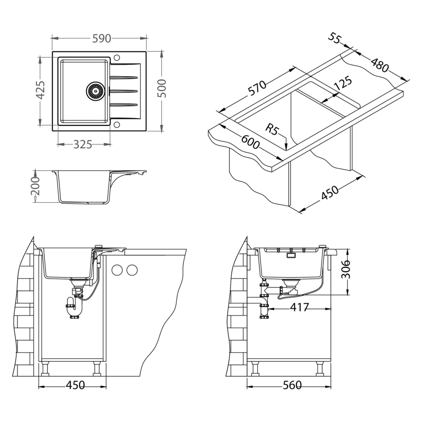 ALVEUS SETA23230 - Köksdiskho CADIT 59x50 cm + köksblandare med flexibel pip MINTAS 34 cm granit/matt svart