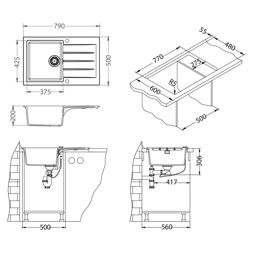 ALVEUS SETA23231 - diskho CADIT 79x50 cm + köksblandare med flexibel pip MINTAS 34 cm granit/matt svart