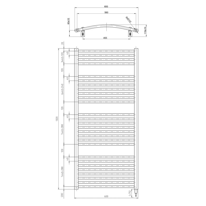 Aqualine - Elektrisk handdukstork ORBIT-E 600 W, 132x60 cm, vit, rund