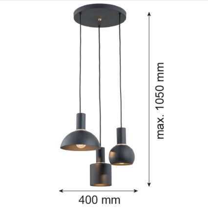 Argon 1472 - Ljuskrona med upphängningsrem SINES 3xE27/15W/230V svart