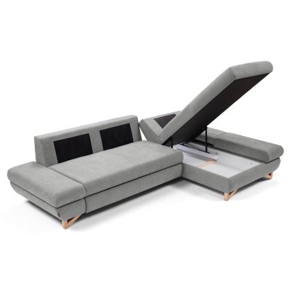 L-formad utfällbar stoppad hörnsoffa AVESTA, höger, med förvaringsutrymme, grå