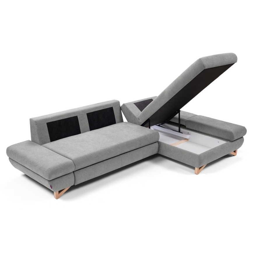 L-formad utfällbar stoppad hörnsoffa AVESTA, höger, med förvaringsutrymme, grå
