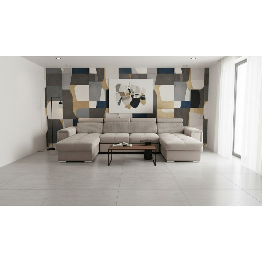 U-formad vändbar bäddsoffa SALVADA med förvaringsutrymme, beige