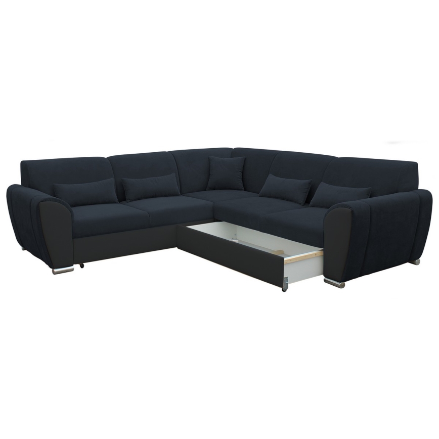 Hörnsoffa med bäddfunktion och förvaring i L-form VISEU, högerutförande, antracit/svart