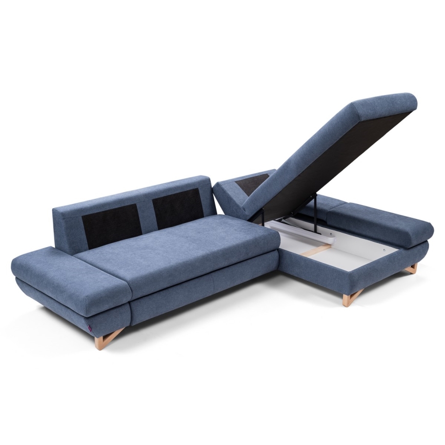 Utdragbar stoppad hörnsoffa i L‑form med förvaringsutrymme AVESTA, höger, blå