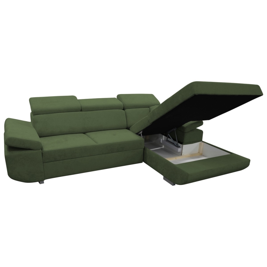 Bäddbar L-formad hörnsoffa CASTELO med förvaring, högerutförande, grön