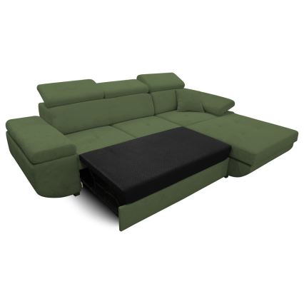 Bäddbar L-formad hörnsoffa CASTELO med förvaring, högerutförande, grön