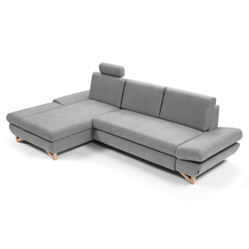 Bäddbar, stoppad hörnsoffa i L‑form med förvaring AVESTA vänster grå