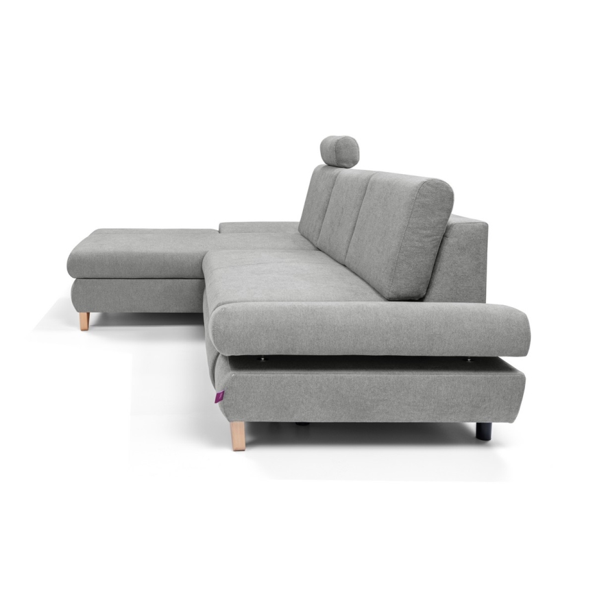 Bäddbar, stoppad hörnsoffa i L‑form med förvaring AVESTA vänster grå