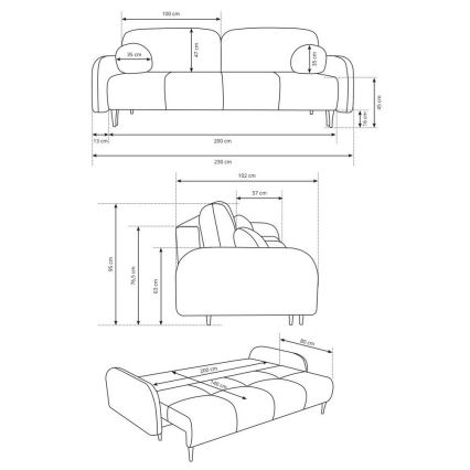 Bäddbar stoppad 3-sitssoffa CLOUDY, grå