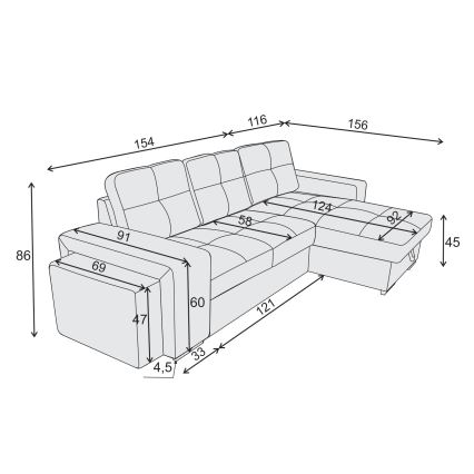 Bäddsoffa med förvaring och puff PALERMO, ljusgrå, höger