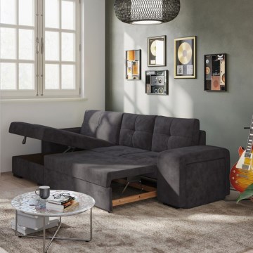 Bäddsoffa med förvaringsutrymme och puff PALERMO, svart, vänster