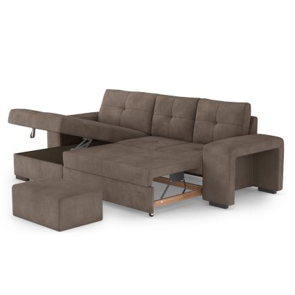 Bäddsoffa PALERMO med förvaring och pall, brun, vänster