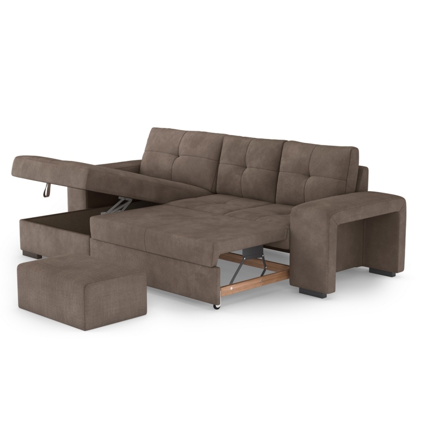 Bäddsoffa PALERMO med förvaring och pall, brun, vänster