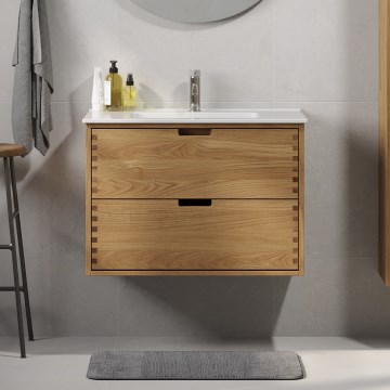 Badrumskommod med tvättställ GRIBSKOV 80 cm beige/ek/vit