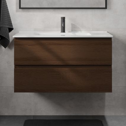 Badrumskommod med tvättställ KENWOOD 91 cm, valnöt/vit