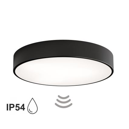 Badrumstaklampa med sensor CLEO, 4×E27/24W/230V, Ø 50 cm, IP54, svart