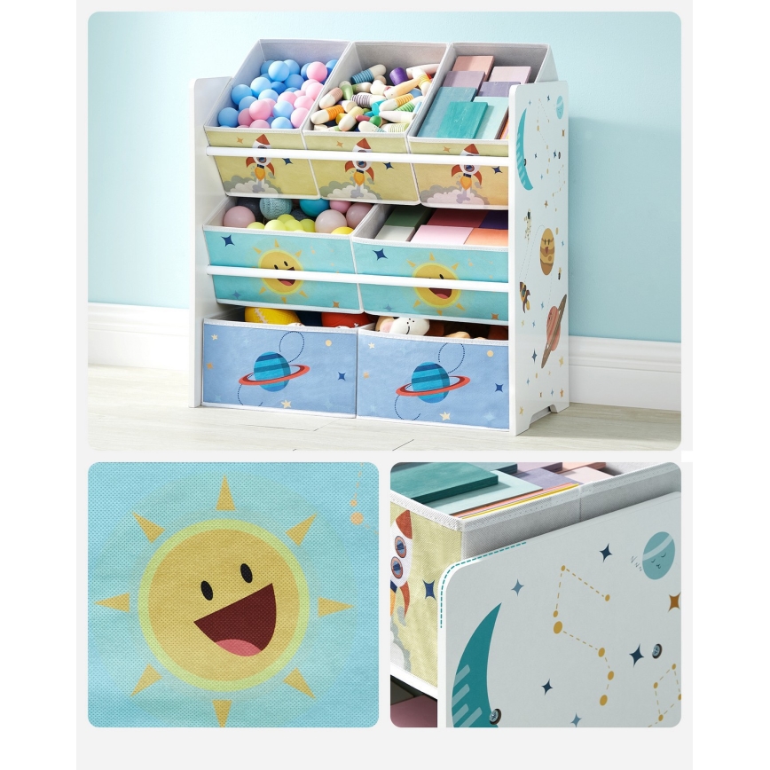 Barnförvaringshylla med tygboxar ANET blå/vit