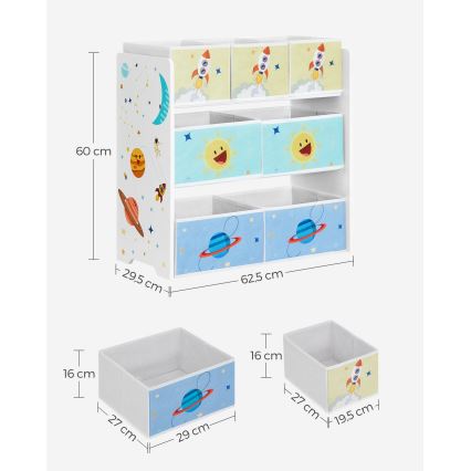 Barnförvaringshylla med tygboxar ANET blå/vit