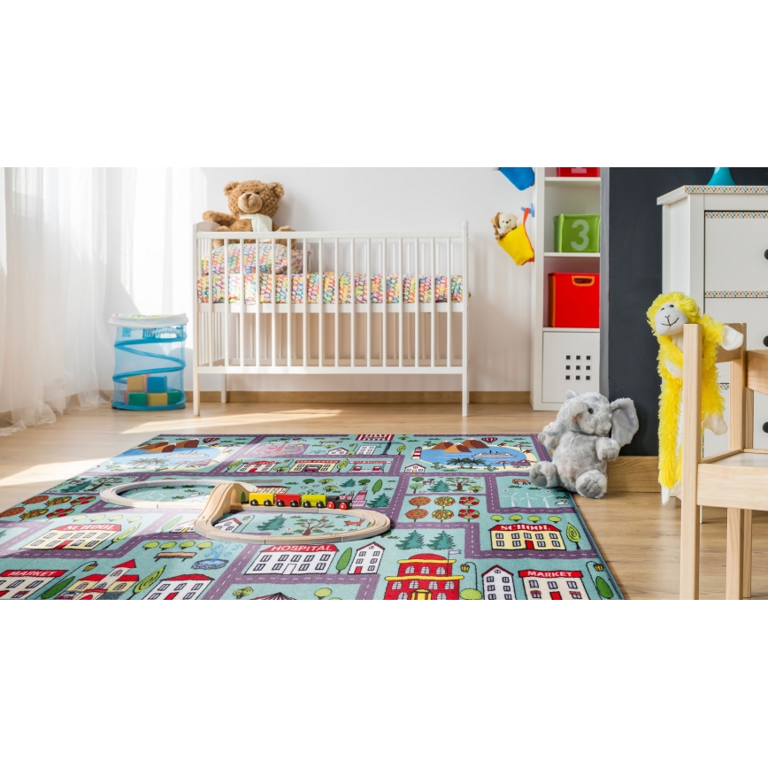 Barnmatta STELLA STREETS 80x100 cm turkos/stad