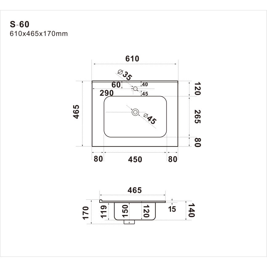 BATH DELUXE 06-060-27-02-00 - Infällt tvättställ LILLESNAD 61x46 cm keramik/svart