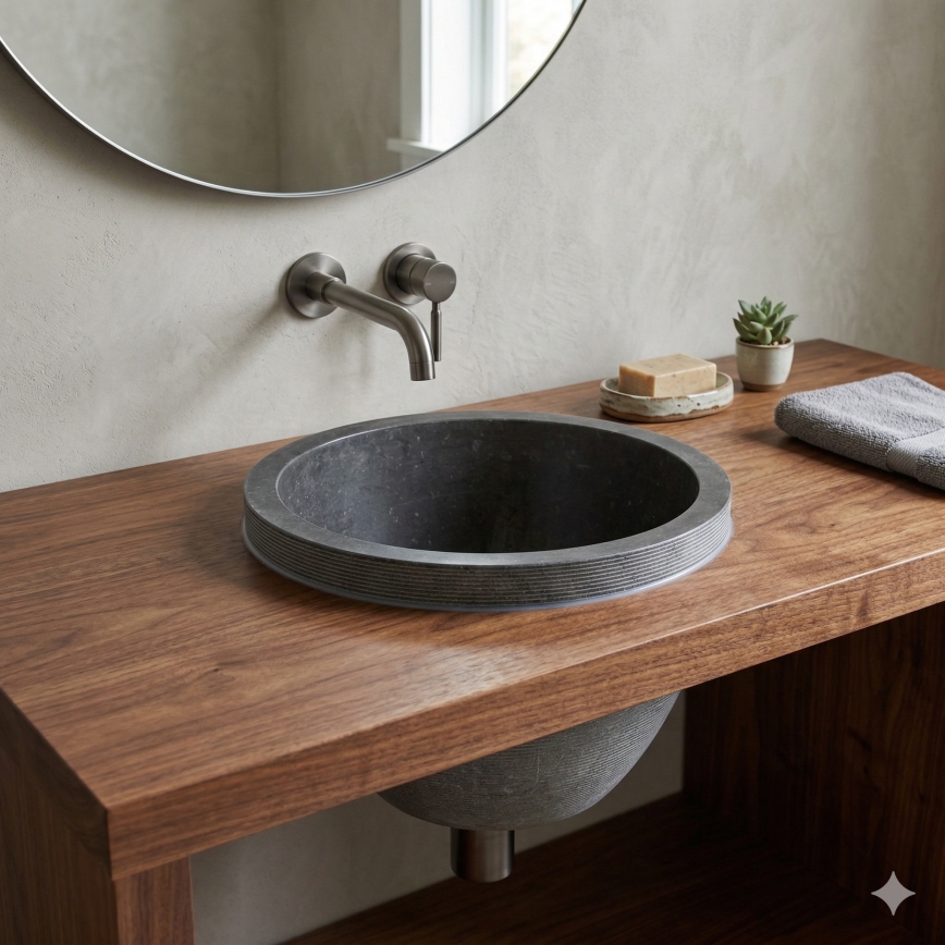 Bathco 00374 - Infällt tvättställ för bänkskiva MIRAGE Ø 40 cm sten/grå