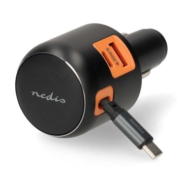 Billaddare för bilen med indragbar kabel och Power Delivery 30 W för snabbladdning – 2xUSB-C + 1xUSB-A