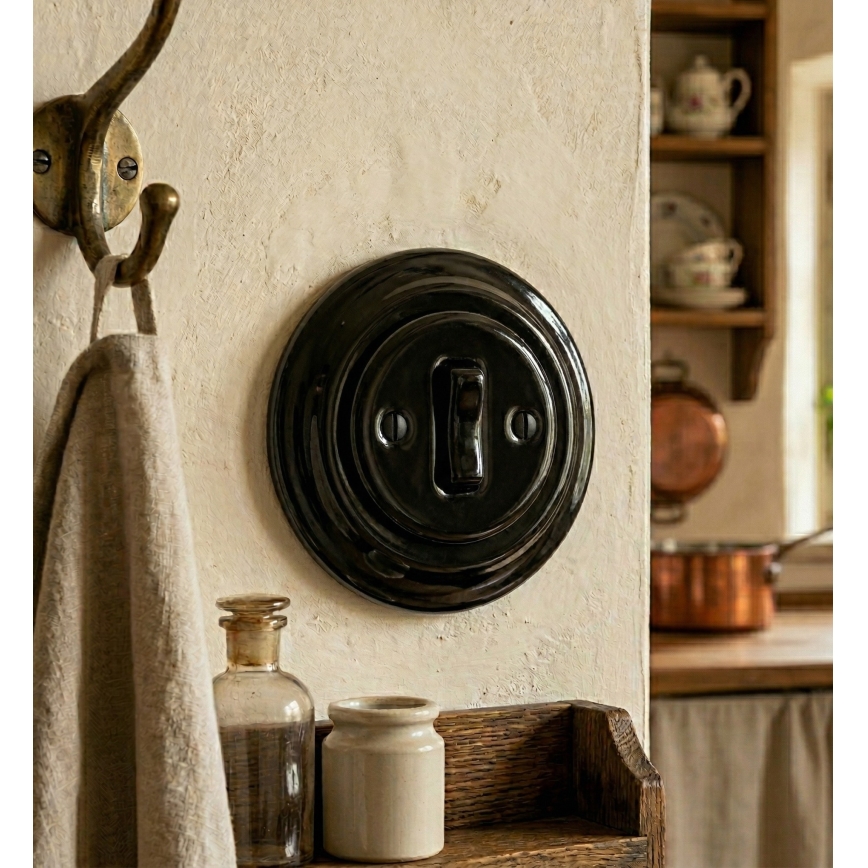 Bohemia-Design - Enkel retroströmbrytare i porslin med ram nr 1, svart