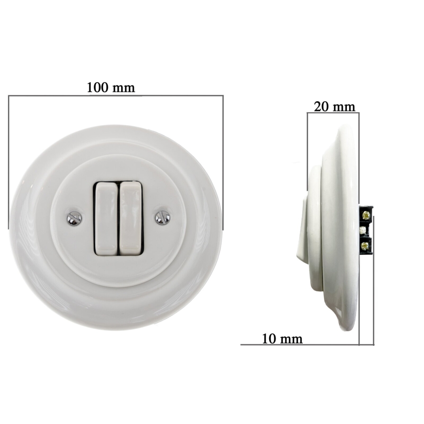 Bohemia-Design - Retro dubbel strömbrytare i porslin med ram nr. 6+6, vit
