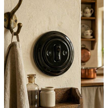 Bohemia-Design - Retro porslinströmbrytare, enkel, med ram för dörrklocka, svart