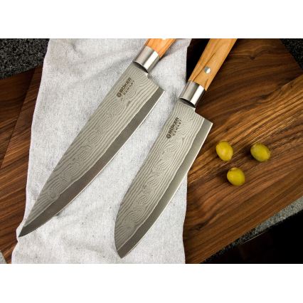 Böker - Damaskusstål kökskniv santoku DAMAST OLIVE 17,2 cm olivträ