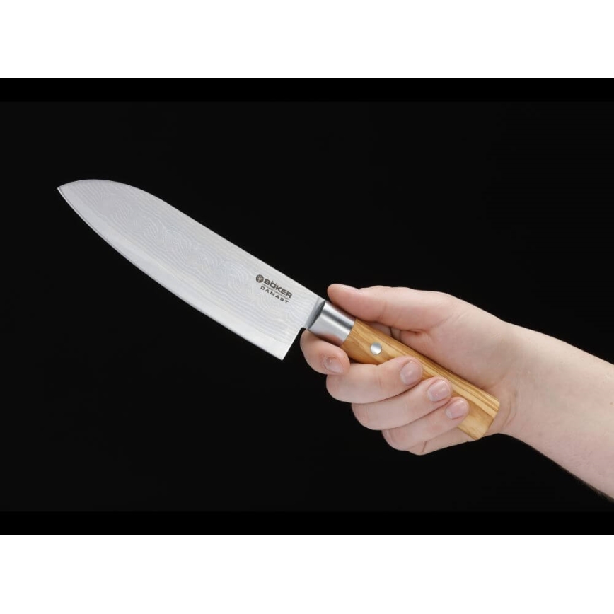 Böker - Damaskusstål kökskniv santoku DAMAST OLIVE 17,2 cm olivträ