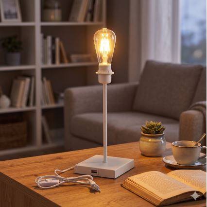 Bordslampa med USB-port 1xE27/15W/230V vit