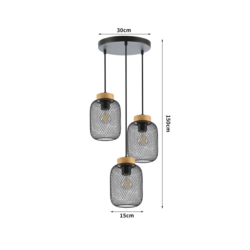 Brilagi - BASKLITE pendellampa på kabel 3xE27/15W/230V trä/svart