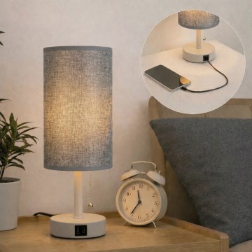 Brilagi - Bordslampa med USB-port TABLON 1xE27/25W/230V beige/grå