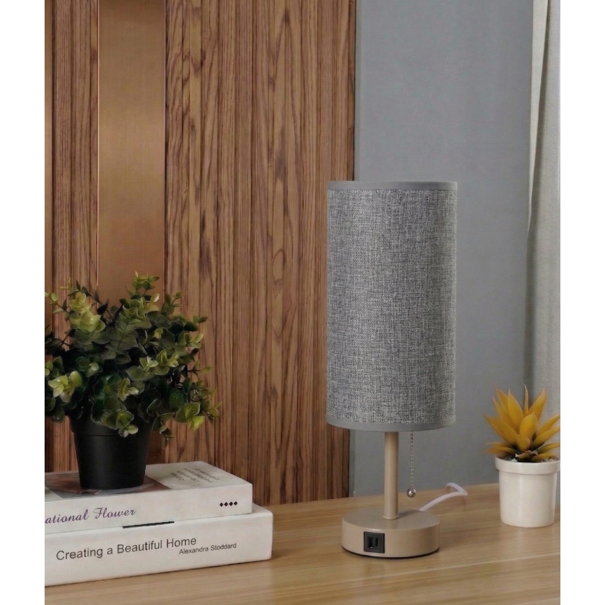 Brilagi - Bordslampa med USB-port TABLON 1xE27/25W/230V beige/grå