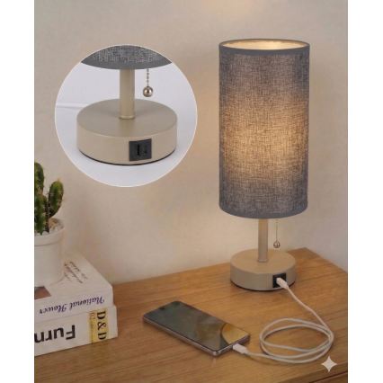 Brilagi - Bordslampa med USB-port TABLON 1xE27/25W/230V beige/grå