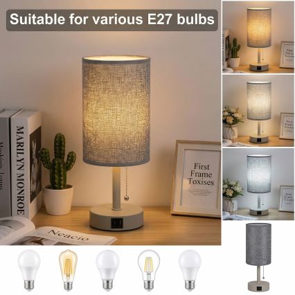 Brilagi - Bordslampa med USB-port TABLON 1xE27/25W/230V beige/grå