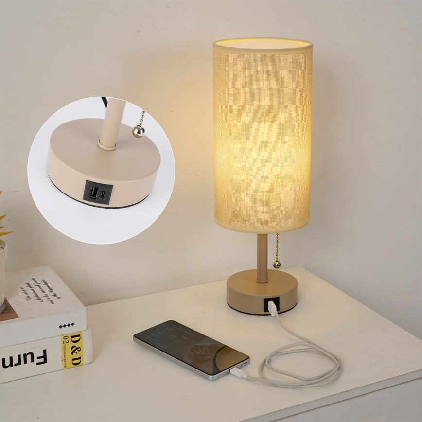 Brilagi - Bordslampa med USB-port TABLON 1xE27/25W/230V beige