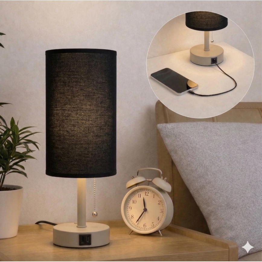 Brilagi - Bordslampa med USB-port TABLON 1xE27/25W/230V beige/svart