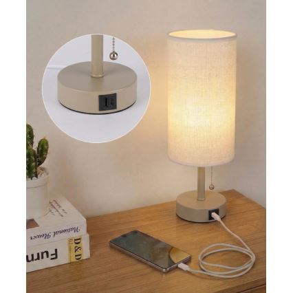 Brilagi - Bordslampa med USB-port TABLON 1xE27/25W/230V beige/vit